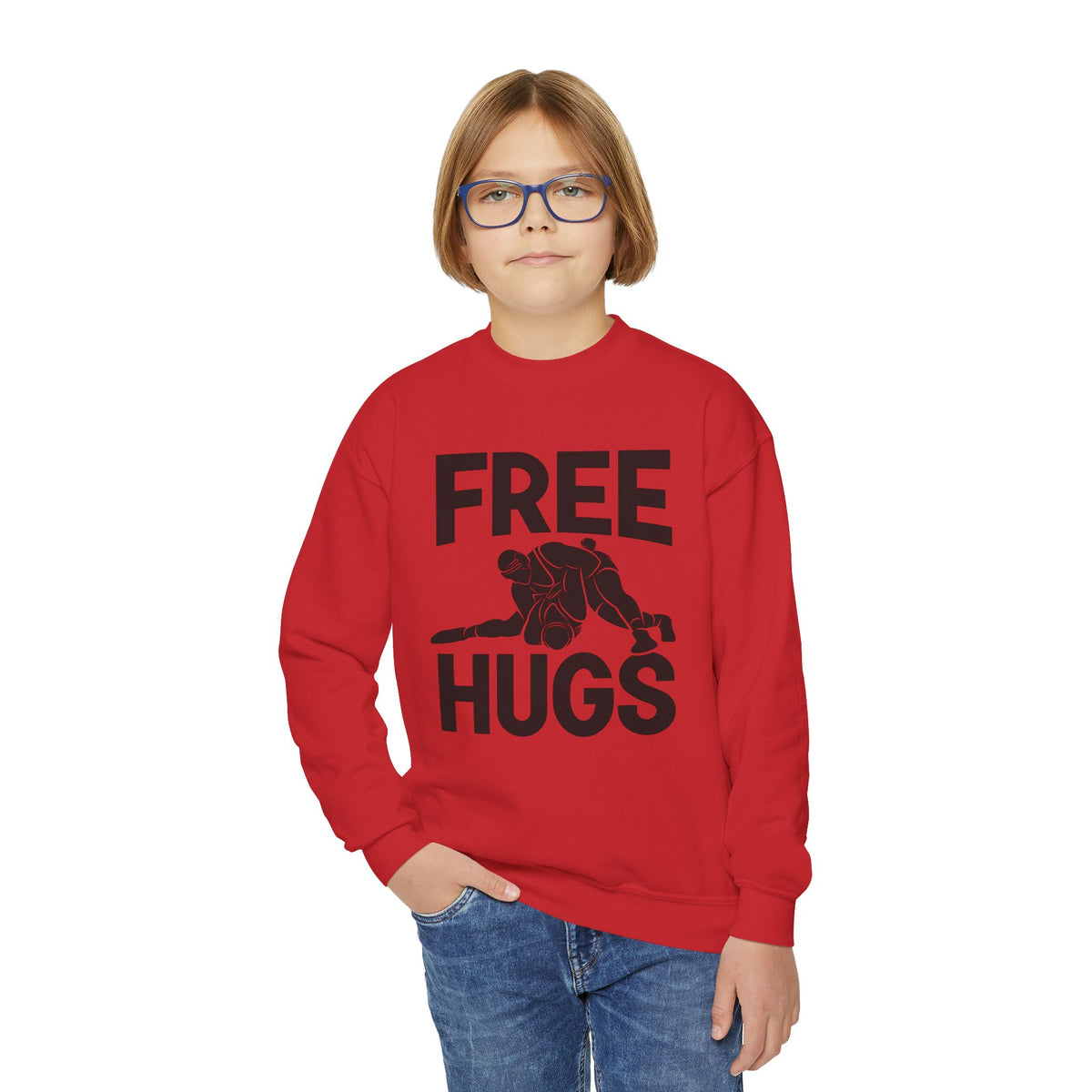 Youth Crewneck Sweatshirt — "FREE HUGS" Wrestling Graphic