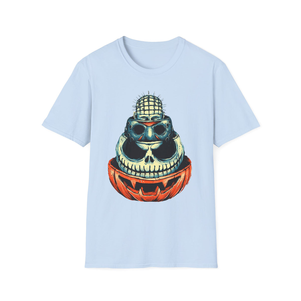 Skull Pumpkin Stack T‑Shirt — Halloween Horror Graphic Tee