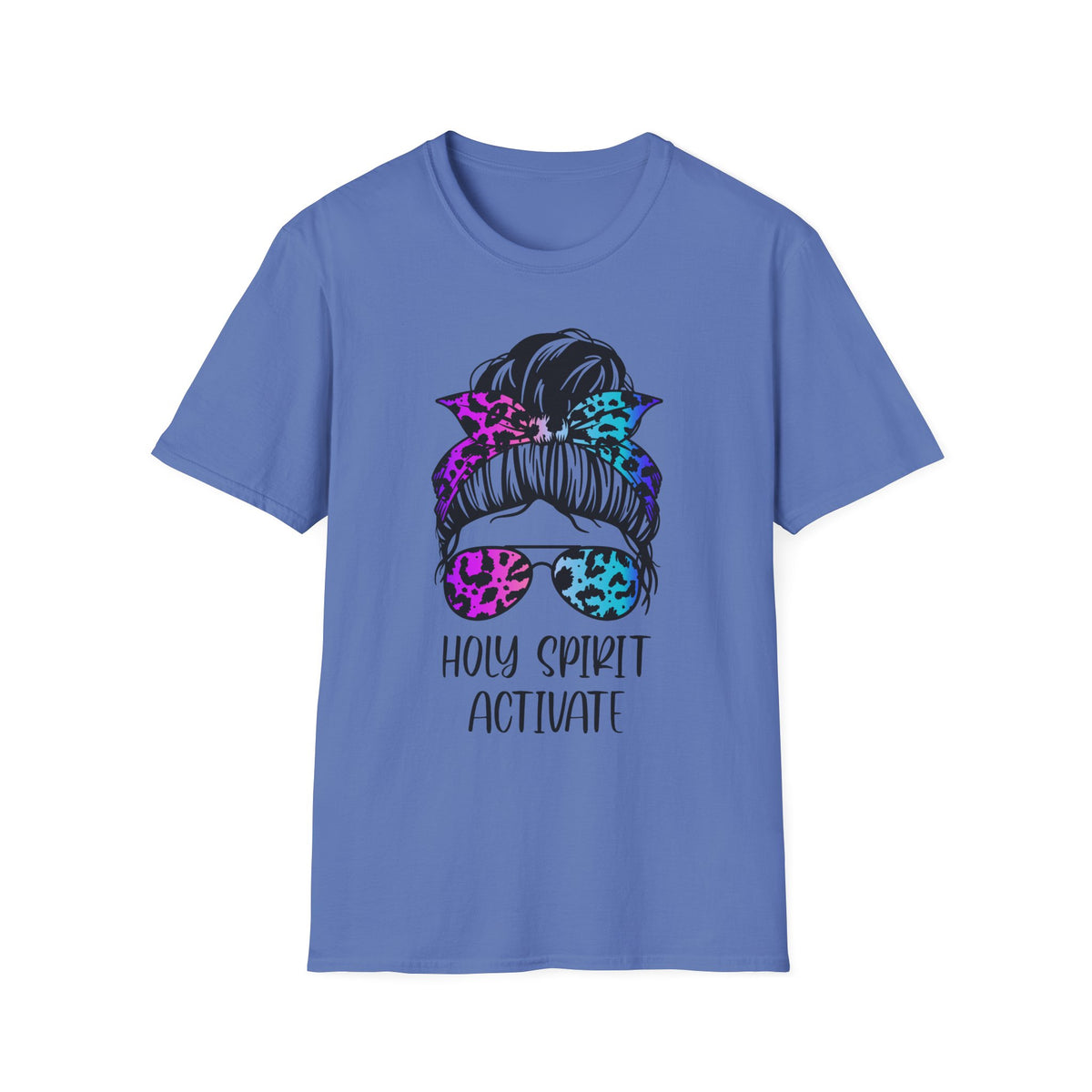 T-Shirt — Holy Spirit Activate Messy Bun Graphic Tee (Leopard Bow & Sunglasses)