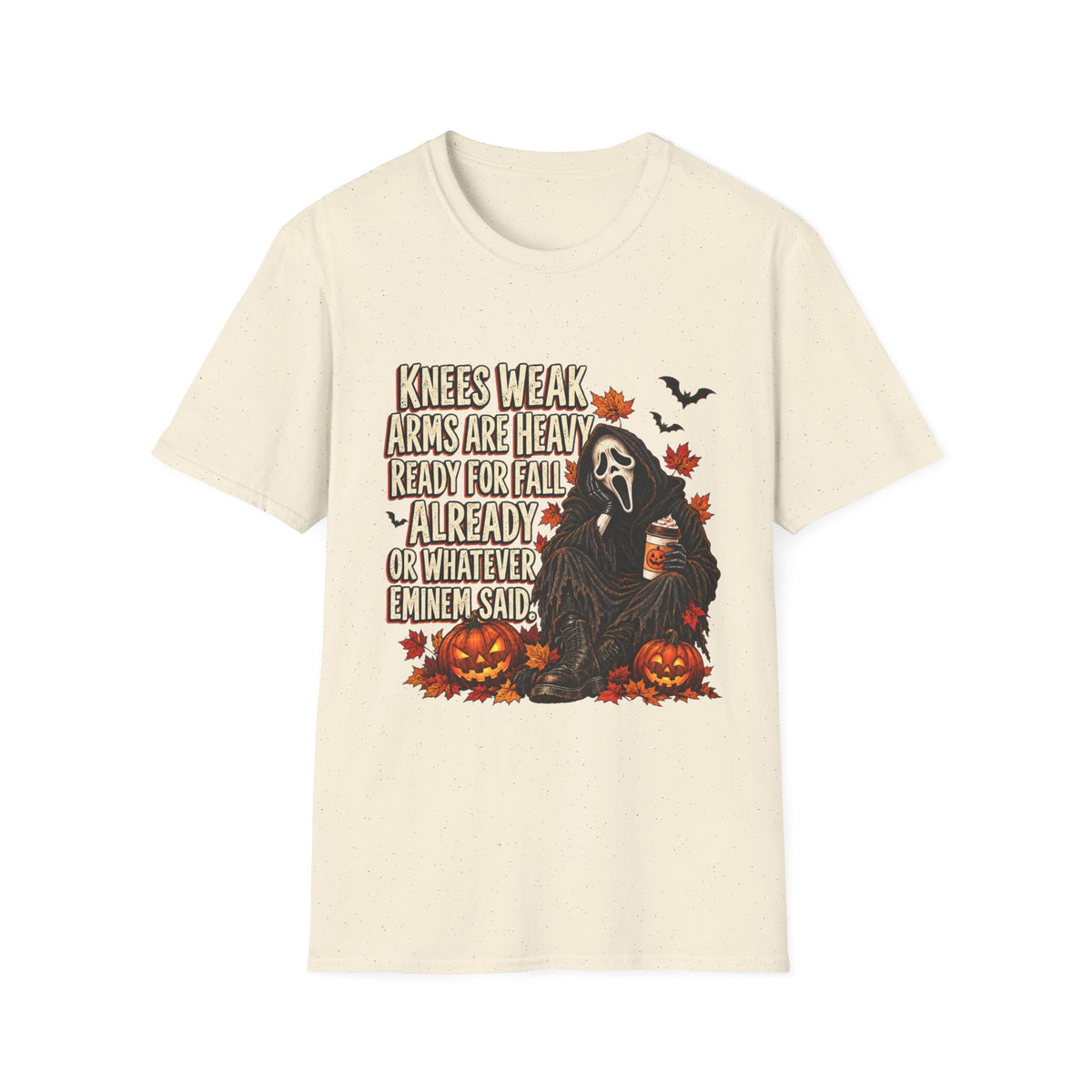 Knees Weak Arms Are Heavy Ready for Fall Already T-Shirt — Funny Halloween Pumpkin & Scream Mask Tee