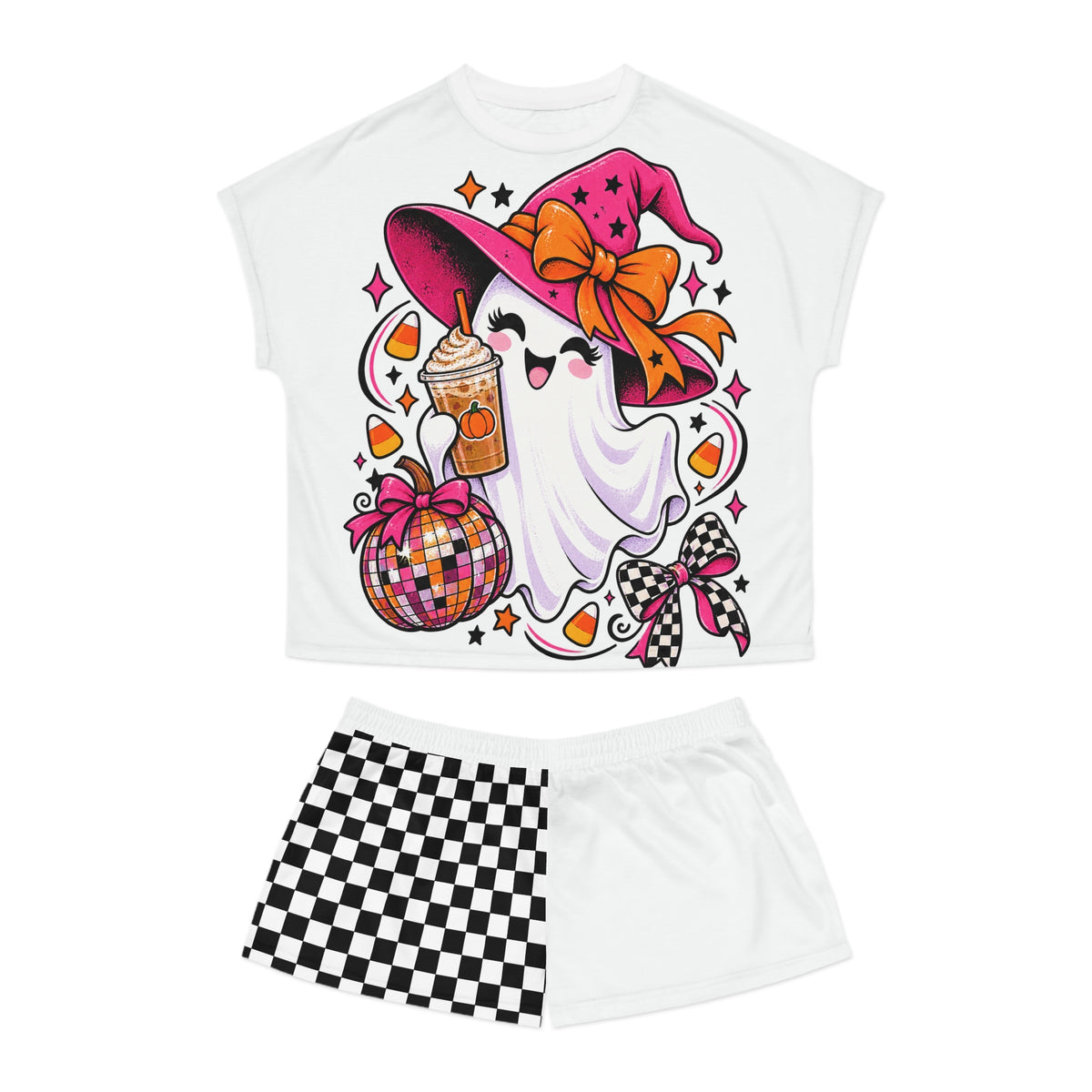 Cute Halloween Ghost Pajama Set — Women's Short Sleepwear with Checkerboard Shorts