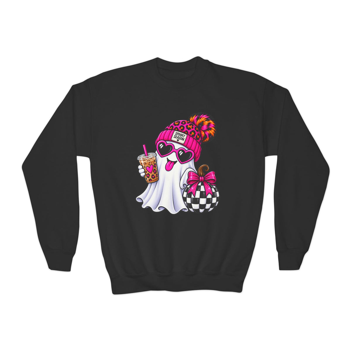 Cute Halloween Youth Crewneck Sweatshirt — Pink Beanie, Heart Sunglasses & Boba Teen Ghost Pullover