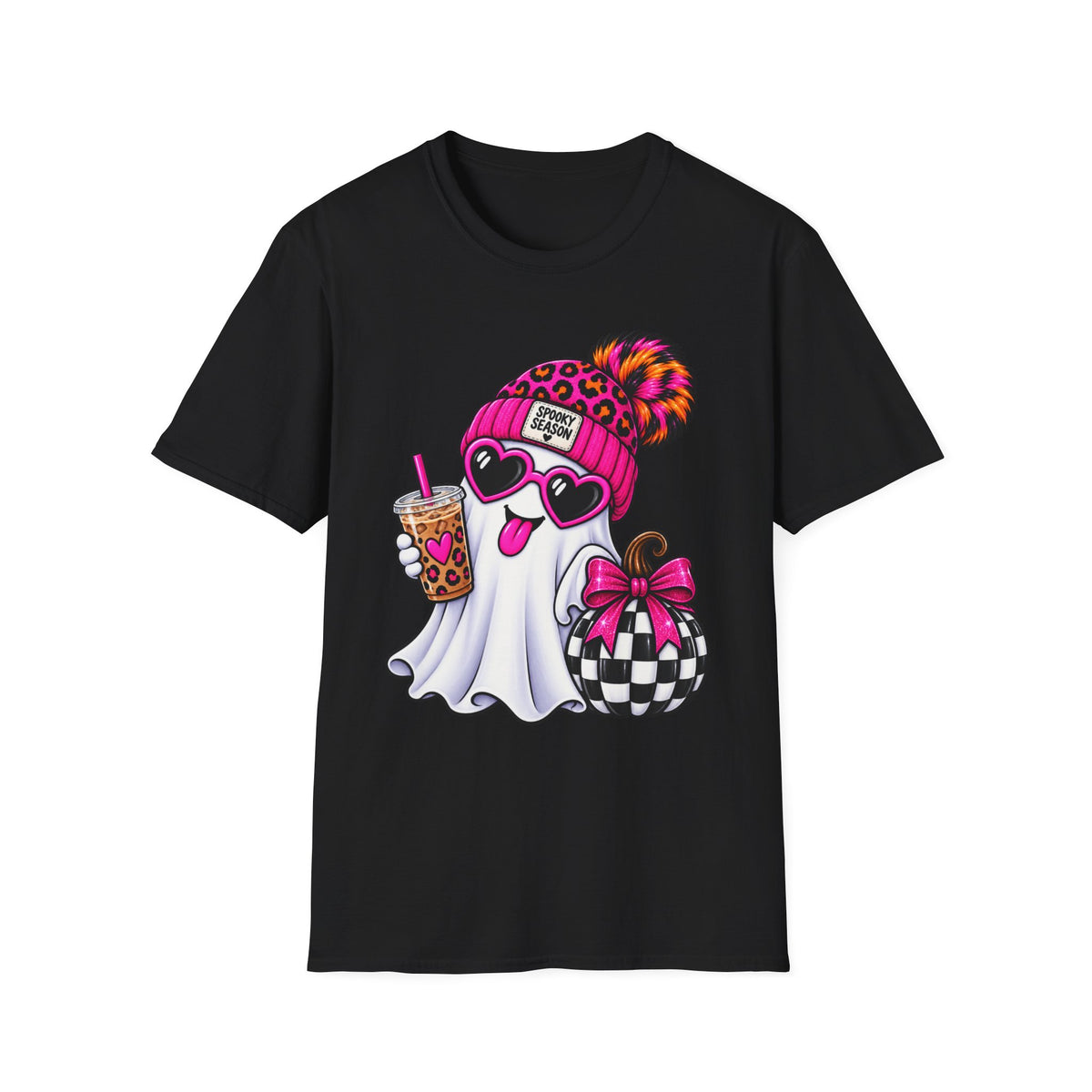 Spooky Season Ghost Tee — Cute Pink Beanie & Boba Halloween T-Shirt