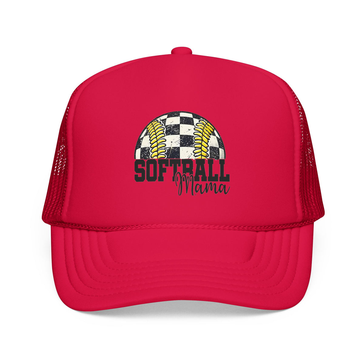 Softball Mama Trucker Hat — Checkered Softball Foam Cap for Baseball Moms