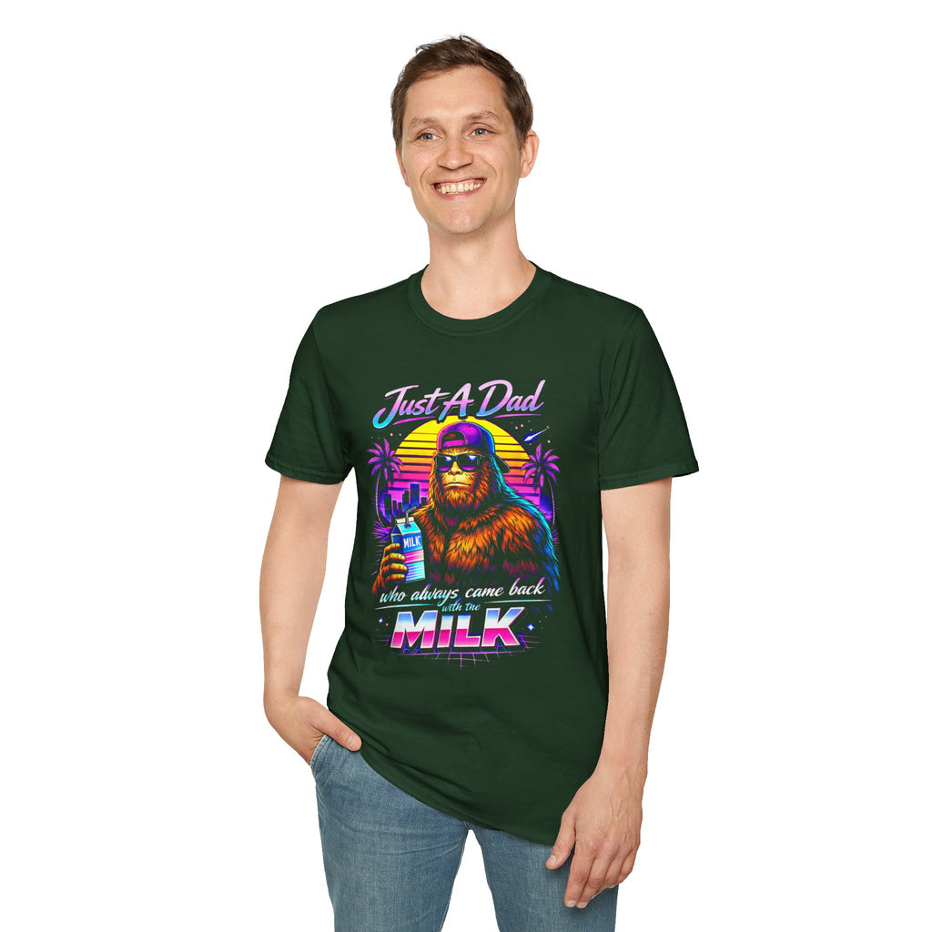Just A Dad Neon Graphic T-Shirt — Retro Bigfoot Fatherhood 'He Always Comes Back for Milk' Tee