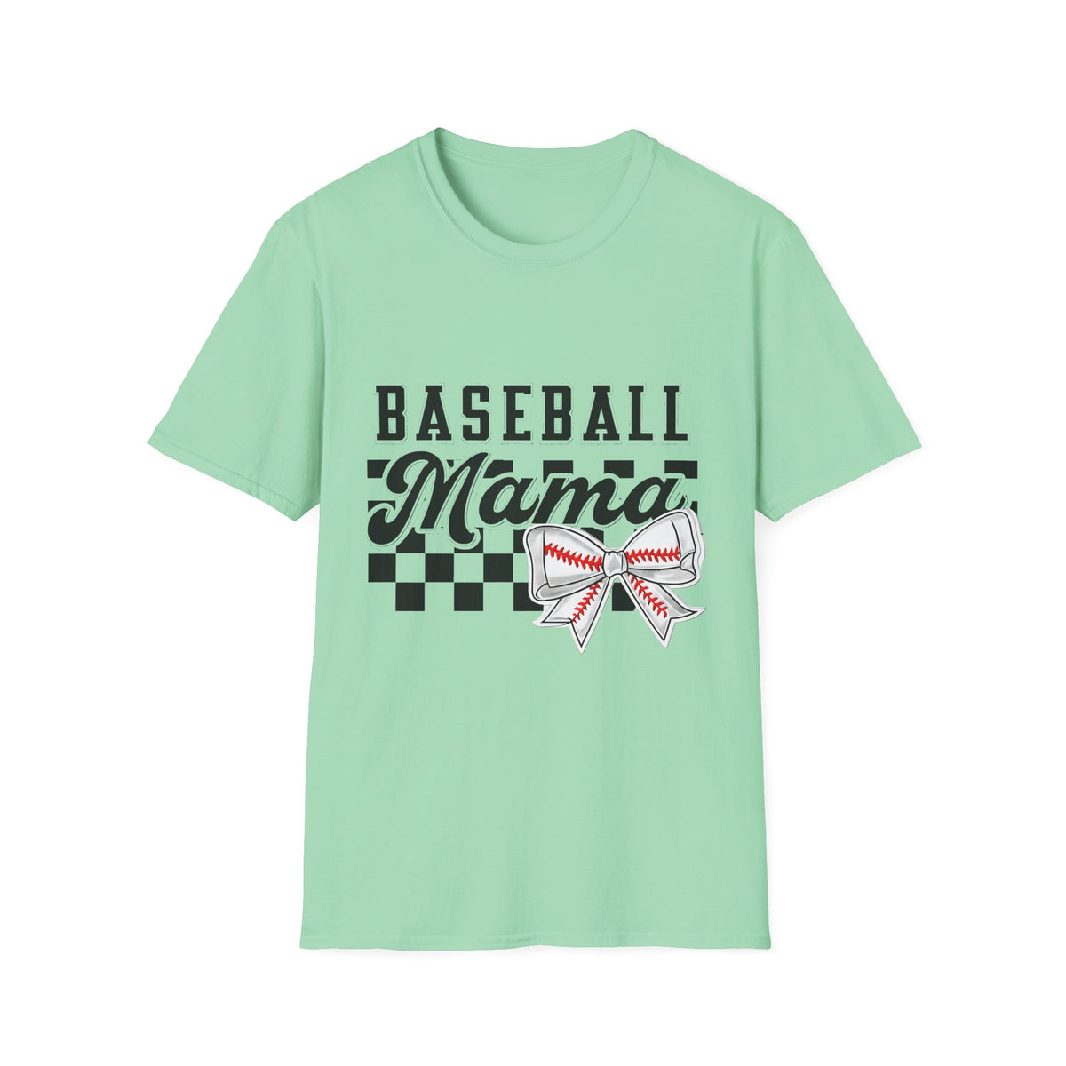 Baseball Mama T-Shirt — Checkerboard Bow Soft Tee for Baseball Moms