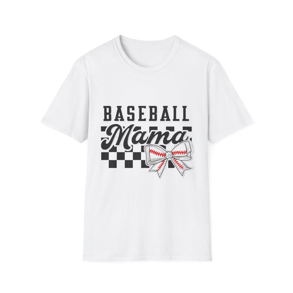 Baseball Mama T-Shirt — Checkerboard Bow Soft Tee for Baseball Moms