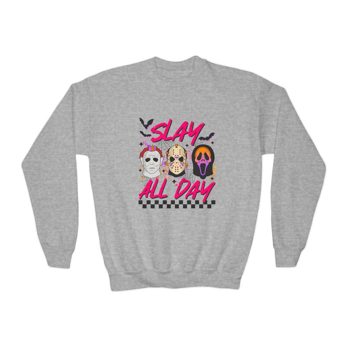 Youth Crewneck Sweatshirt — "Slay All Day" Horror Mask Graphic