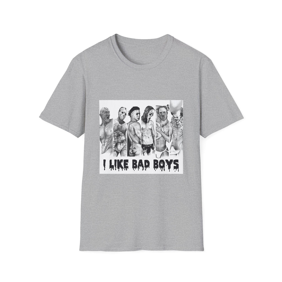 T-Shirt — 'I Like Bad Boys' Graphic Tee with Edgy Male Portrait Lineup