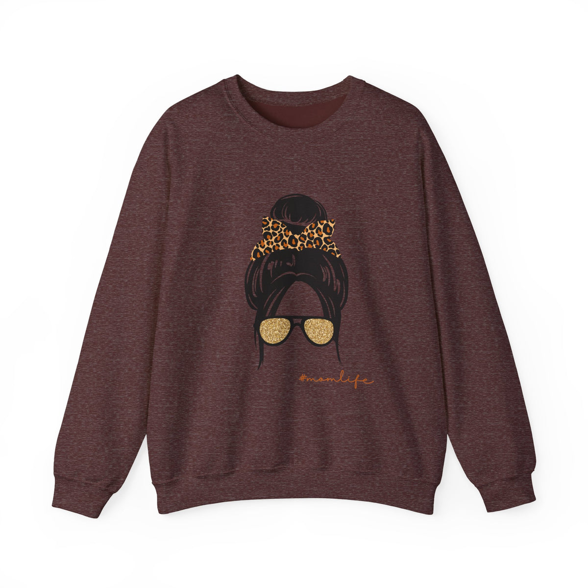 Crewneck Sweatshirt — Messy Bun with Leopard Scrunchie & Sunglasses “Mom Life” Graphic