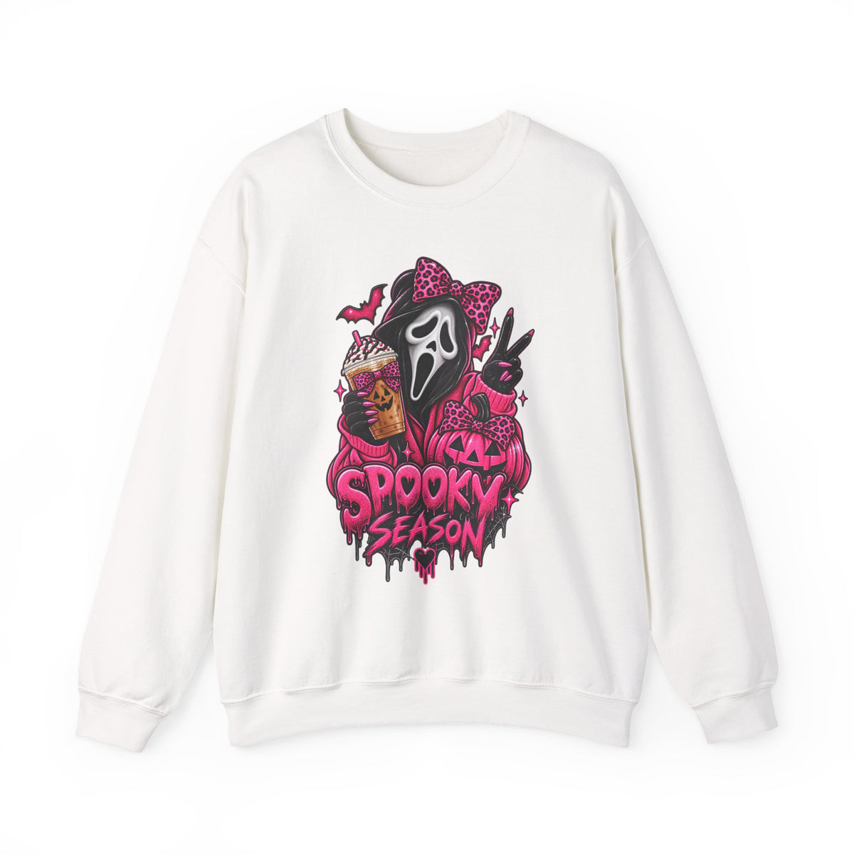 Spooky Season Crewneck Sweatshirt — Pink Horror Mask Graphic