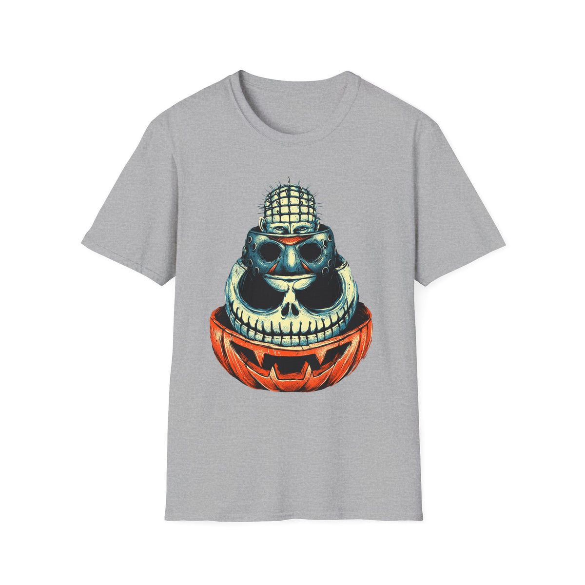 Skull Pumpkin Stack T‑Shirt — Halloween Horror Graphic Tee