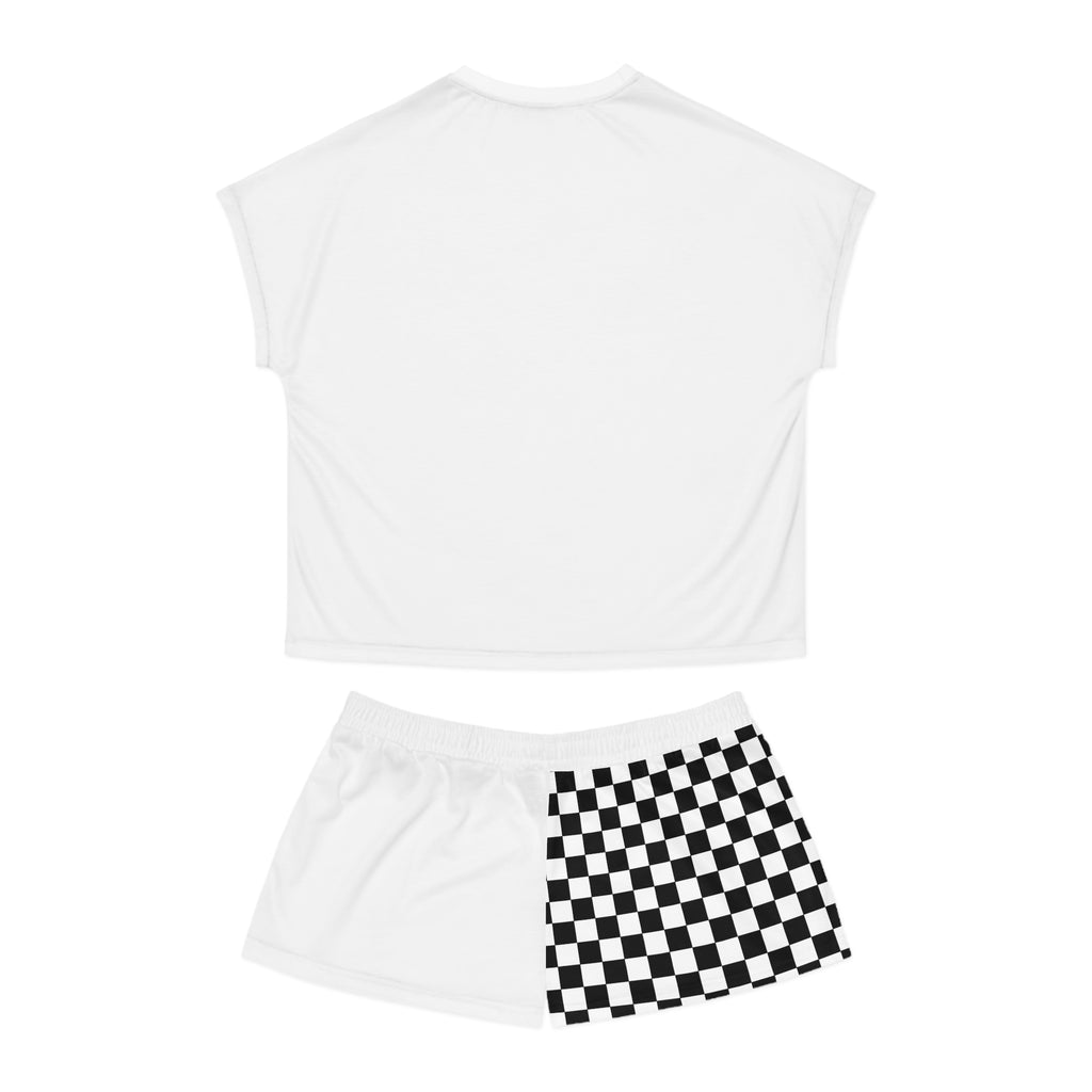 Cute Ghost Pajama Set — Women's Checkerboard Short Sleep Set with Pink Beanie & Bubble Tea Design