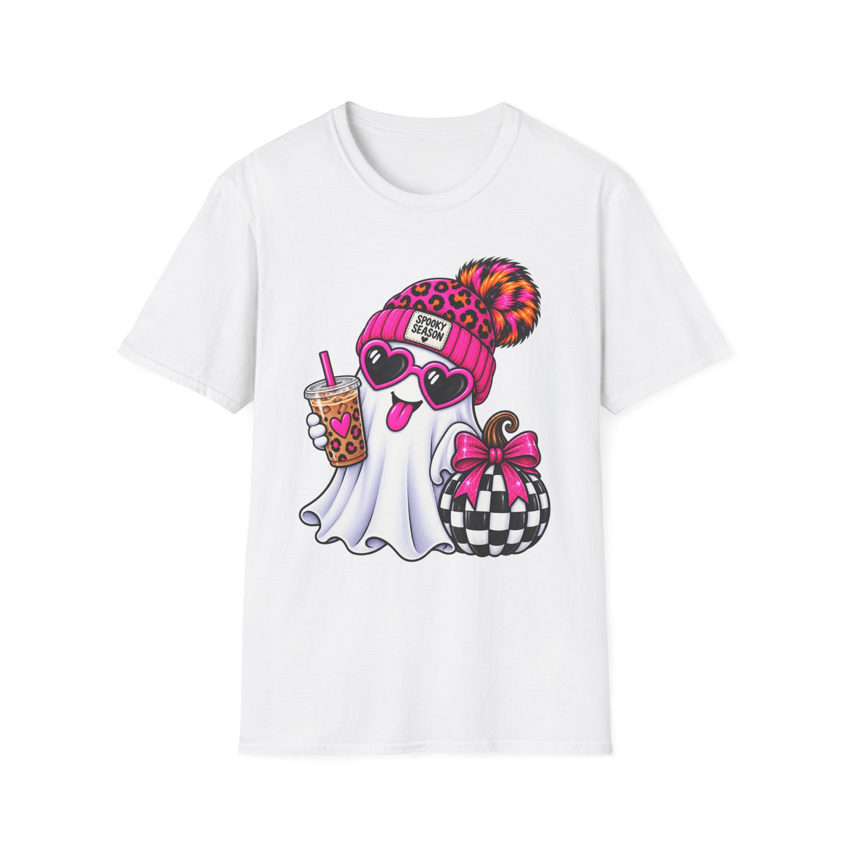 Spooky Season Ghost Tee — Cute Pink Beanie & Boba Halloween T-Shirt