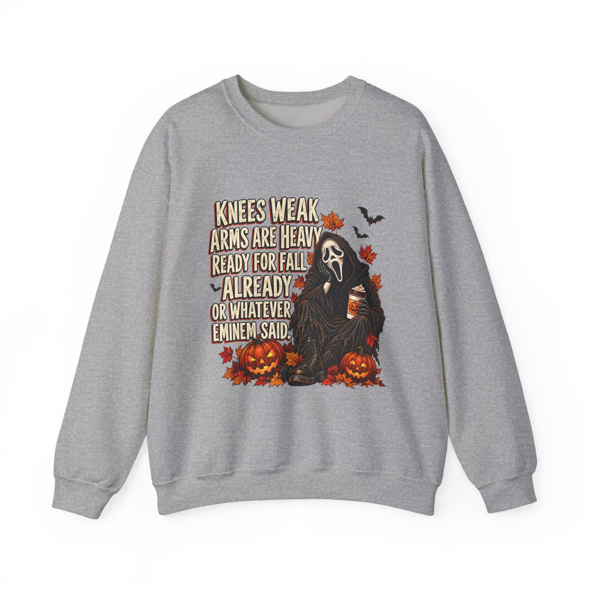 Fall Horror Crewneck Sweatshirt — “Knees Weak Arms Are Heavy Ready For Fall” Halloween Graphic