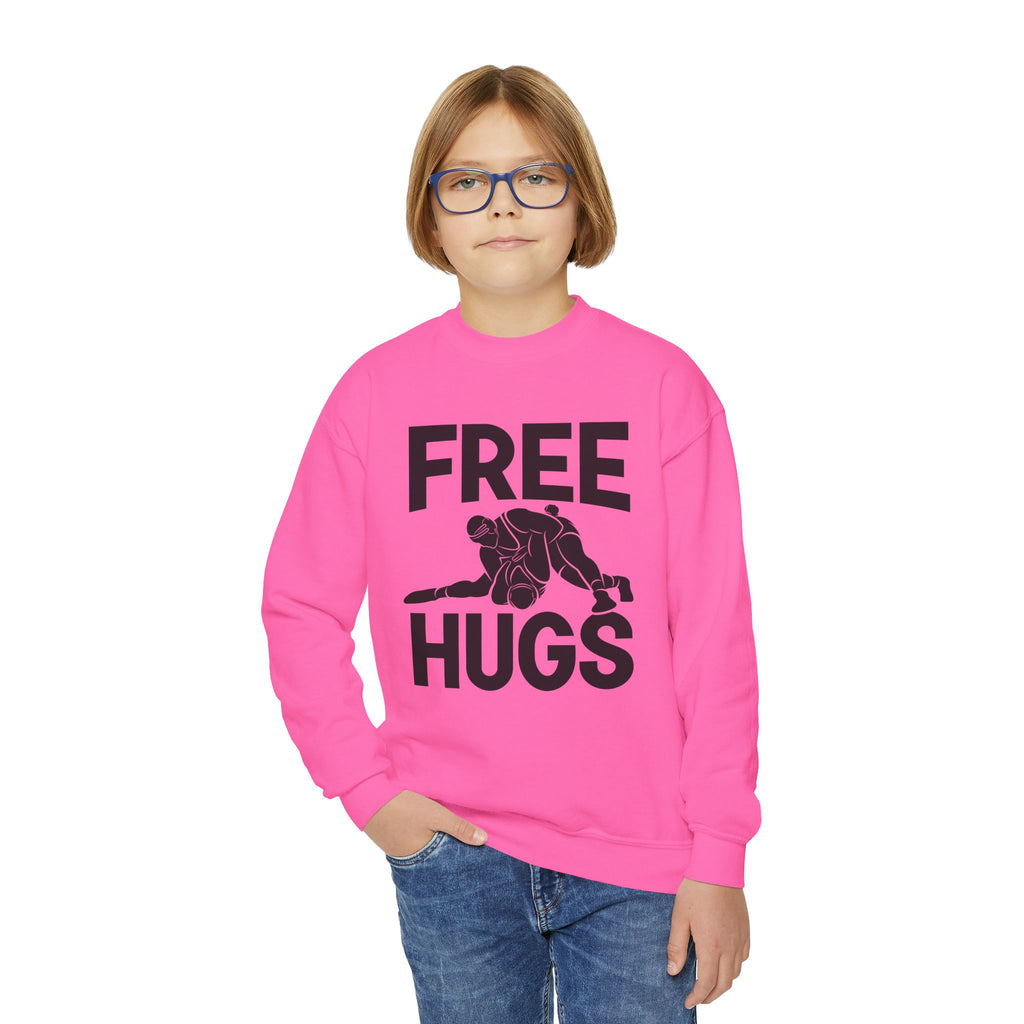Youth Crewneck Sweatshirt — "FREE HUGS" Wrestling Graphic
