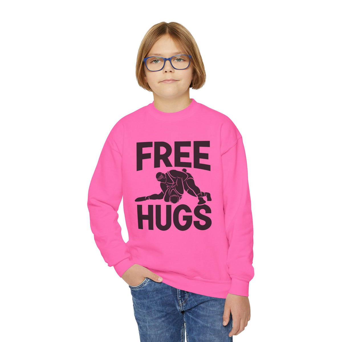 Youth Crewneck Sweatshirt — "FREE HUGS" Wrestling Graphic