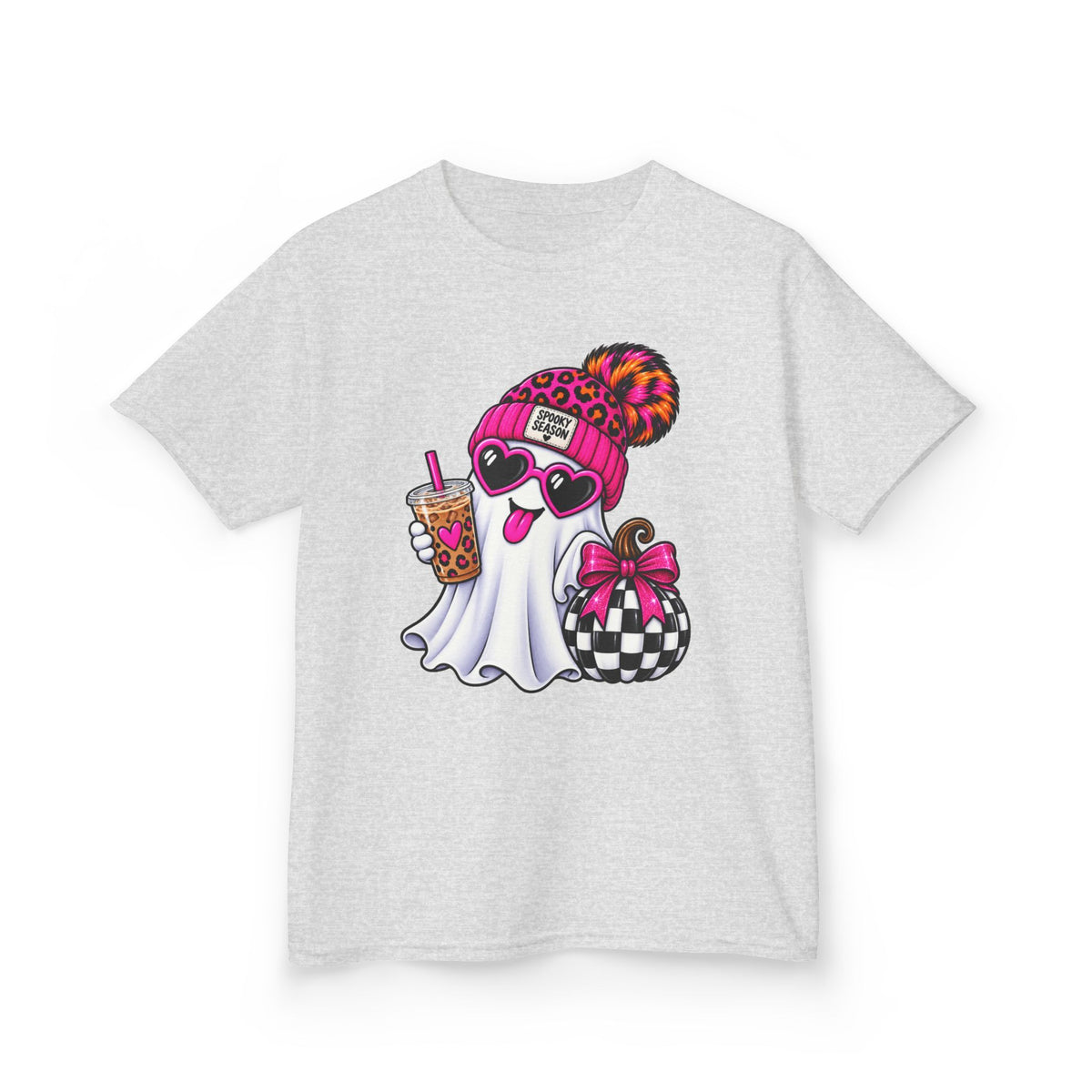 Kids Tee — Cute Halloween Ghost with Leopard Beanie, Boba & Gift