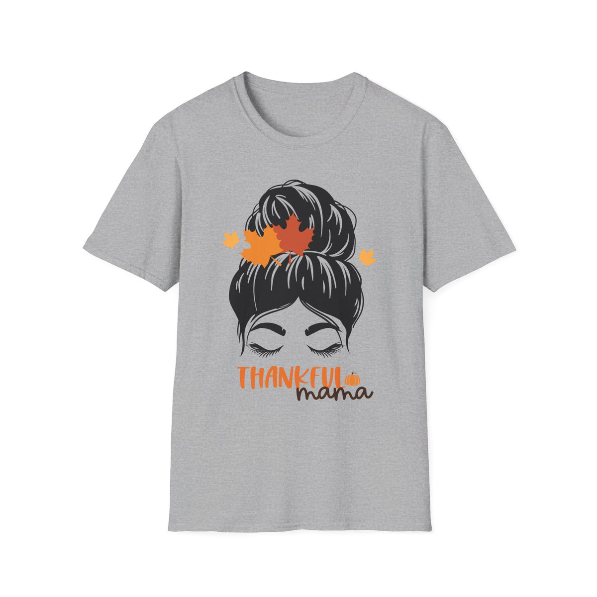 Thankful Mama T-Shirt — Messy Bun with Fall Leaves