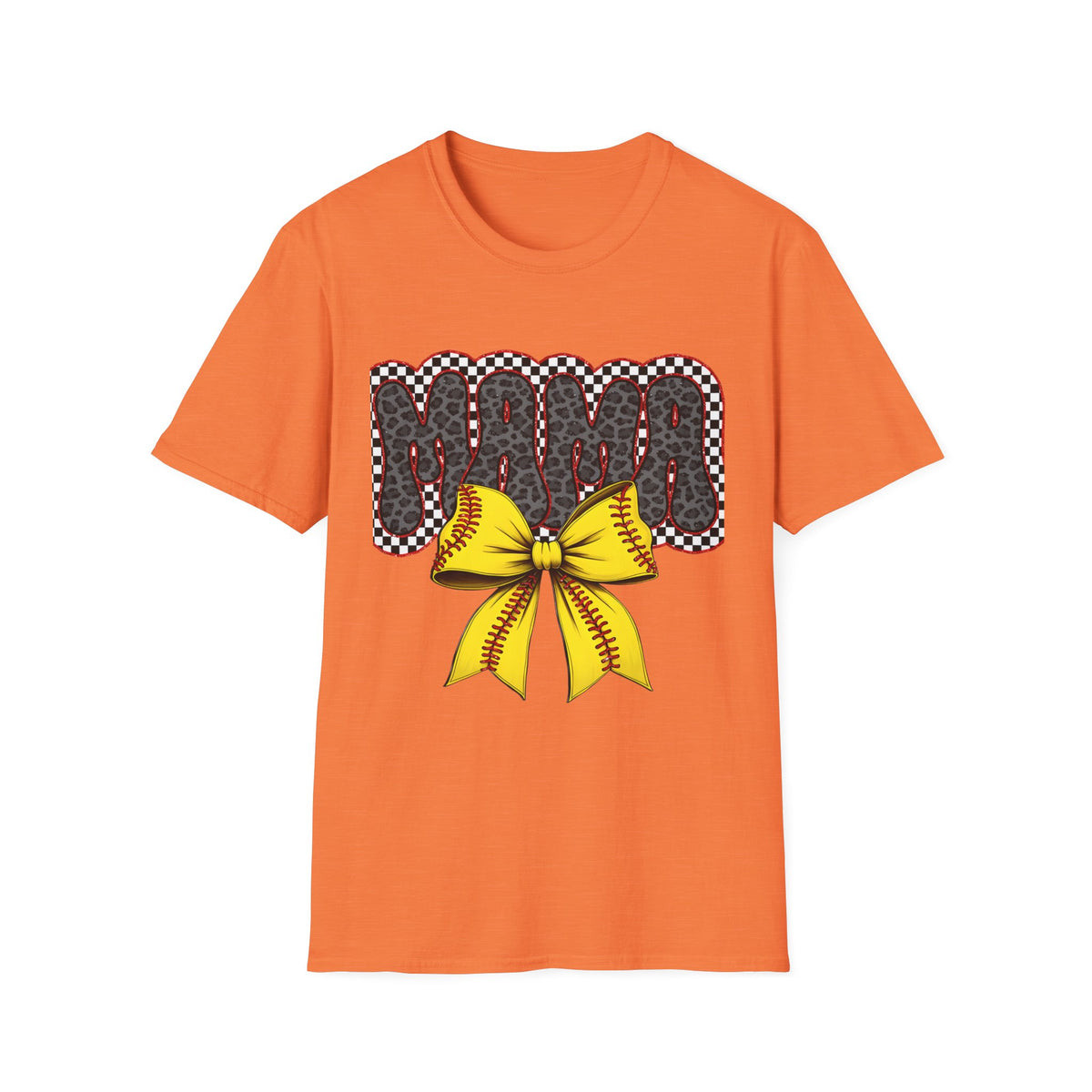 Mama Softball Tee — 'MAMA' Leopard Print with Yellow Stitch Bow