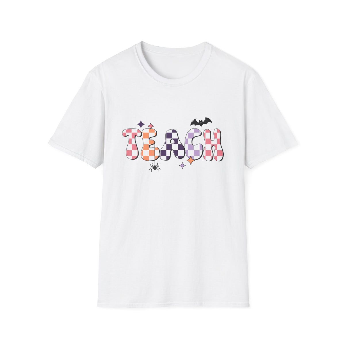 Halloween Teacher T-Shirt — Colorful Checker ‘TEACH’ Design with Bat & Spider
