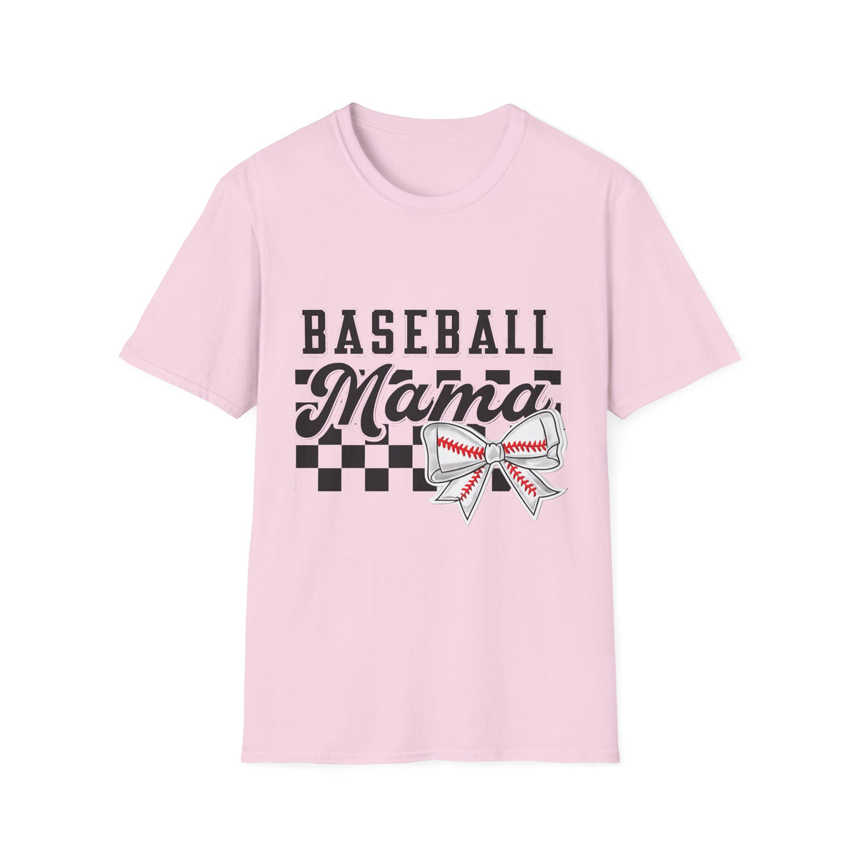 Baseball Mama T-Shirt — Checkerboard Bow Soft Tee for Baseball Moms
