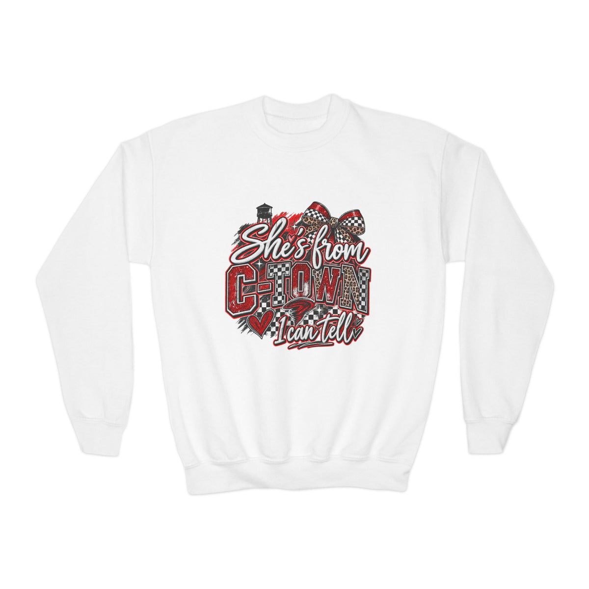 Youth Crewneck Sweatshirt - "She's From C-town I Can Tell" Leopard Plaid Graphic