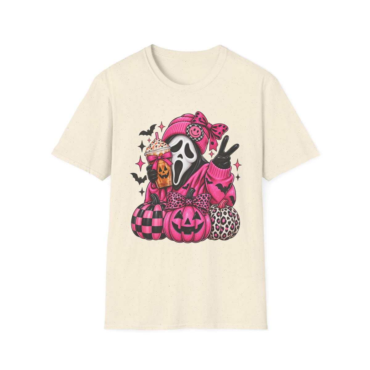 Halloween Scream Mask T-Shirt — Pink Goth Ghost with Pumpkin & Coffee