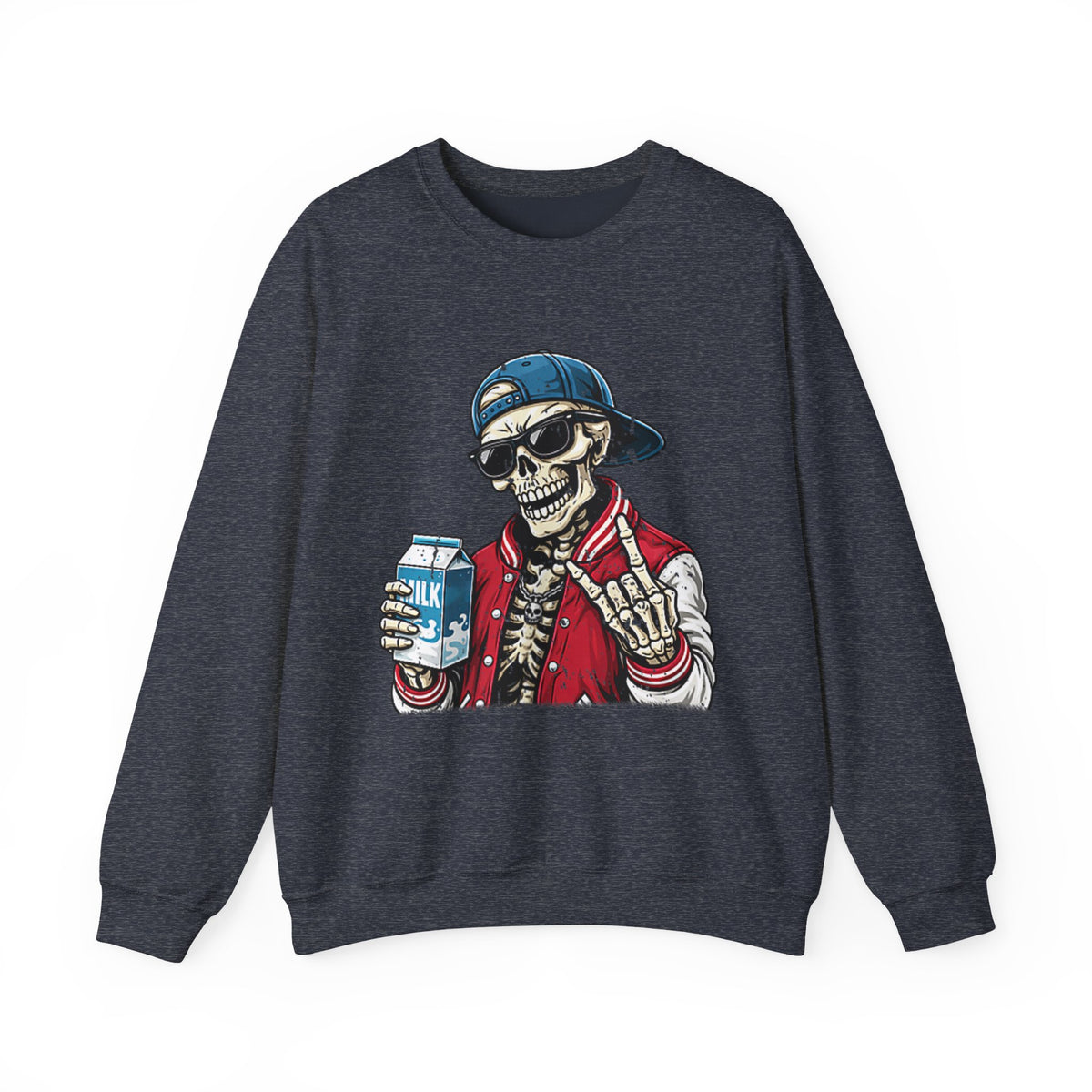 Skull Milk Crewneck Sweatshirt — Retro Skateboarding Skeleton Design