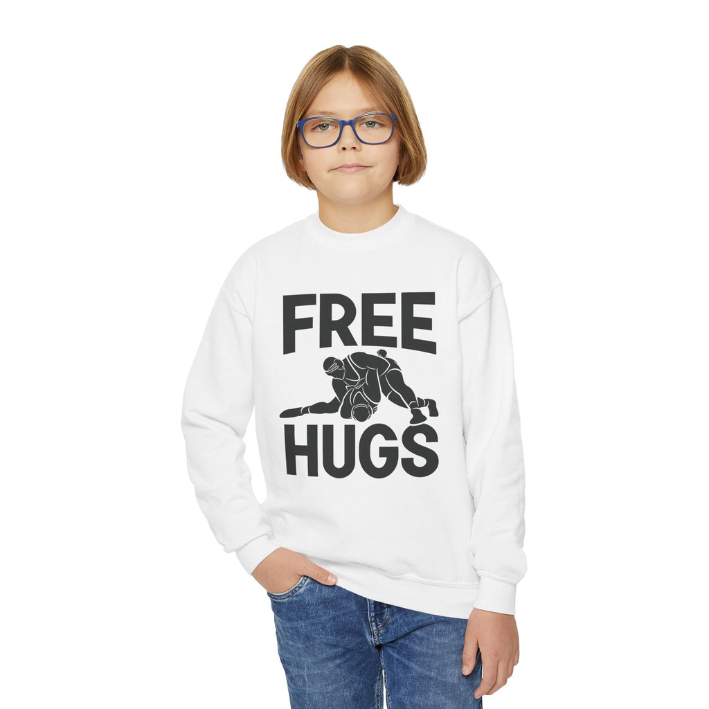 Youth Crewneck Sweatshirt — "FREE HUGS" Wrestling Graphic