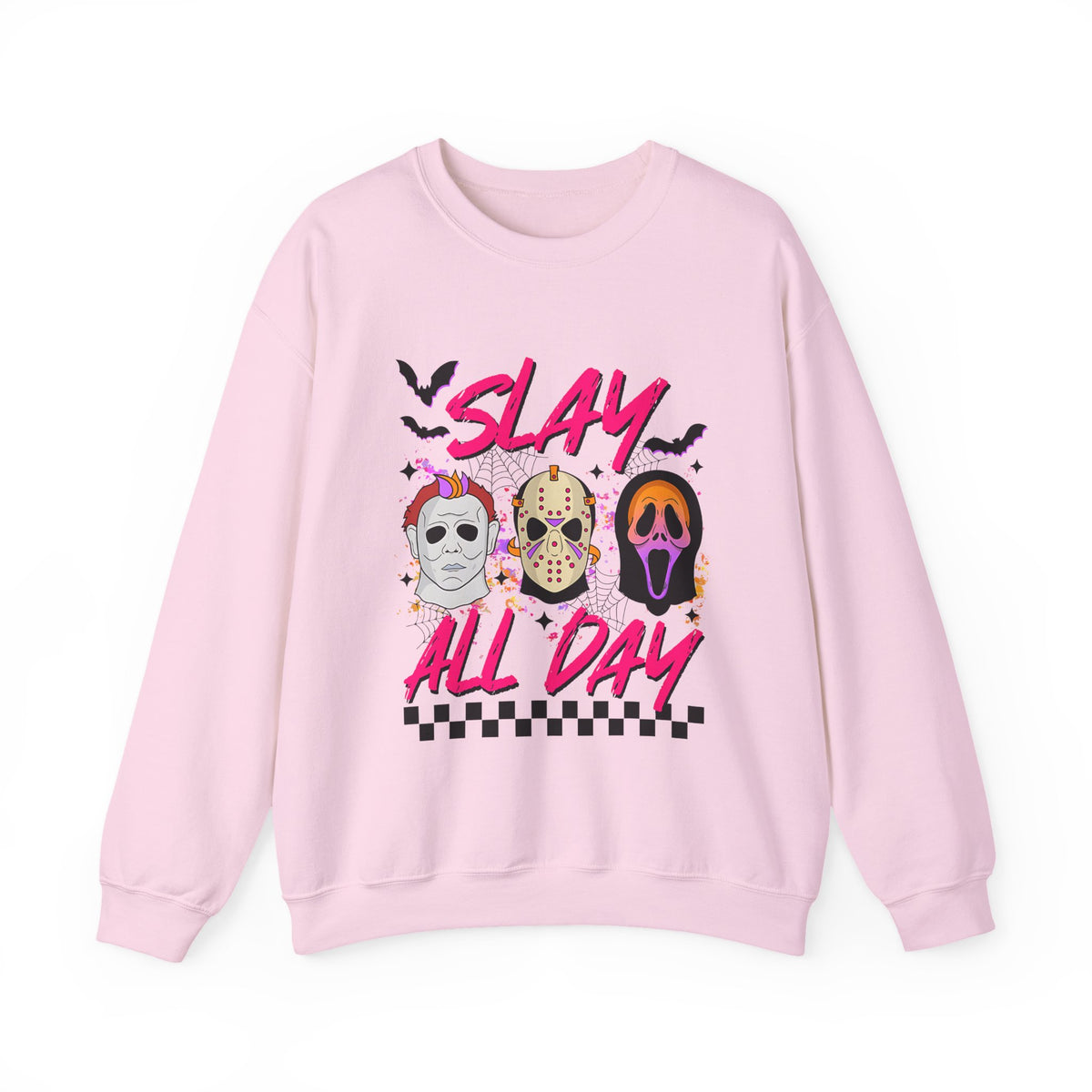 Slay All Day Crewneck Sweatshirt — Retro Horror Mask Graphic