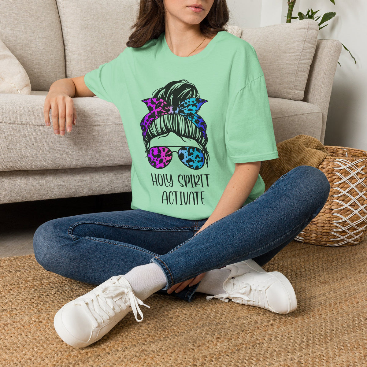 T-Shirt — Holy Spirit Activate Messy Bun Graphic Tee (Leopard Bow & Sunglasses)