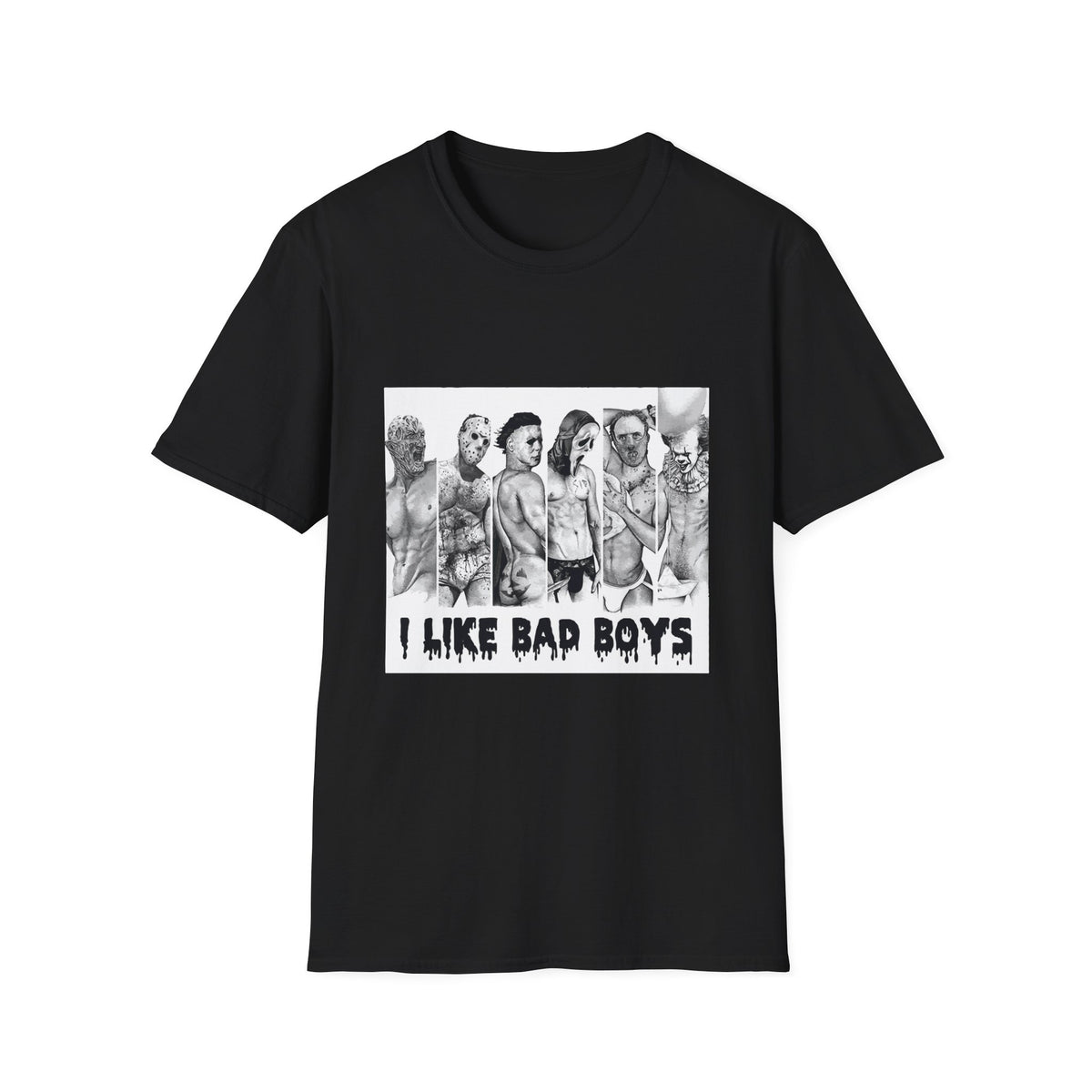 T-Shirt — 'I Like Bad Boys' Graphic Tee with Edgy Male Portrait Lineup