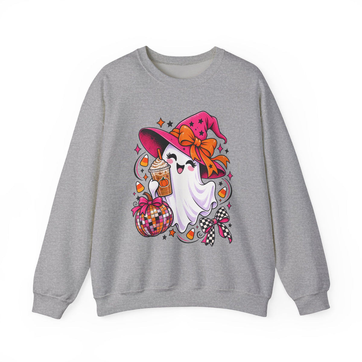 Cute Halloween Ghost Sweatshirt – Witch Hat, Pumpkin & Cozy Fall Sweets Design