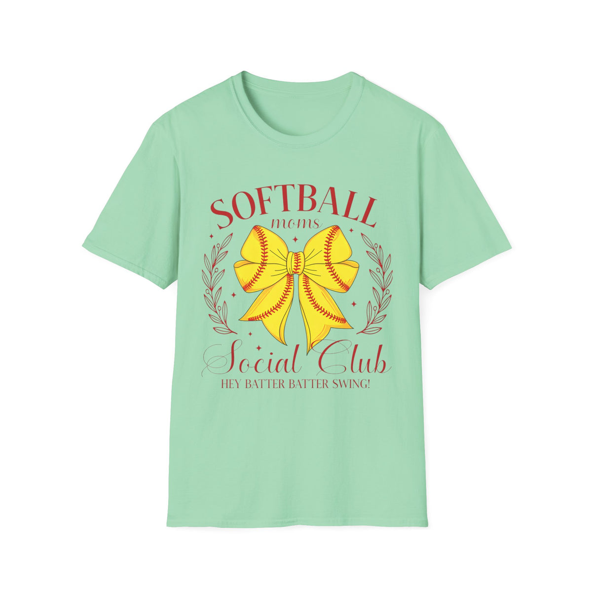 Softball Mom T-Shirt — Yellow Bow Baseball Stitch Design