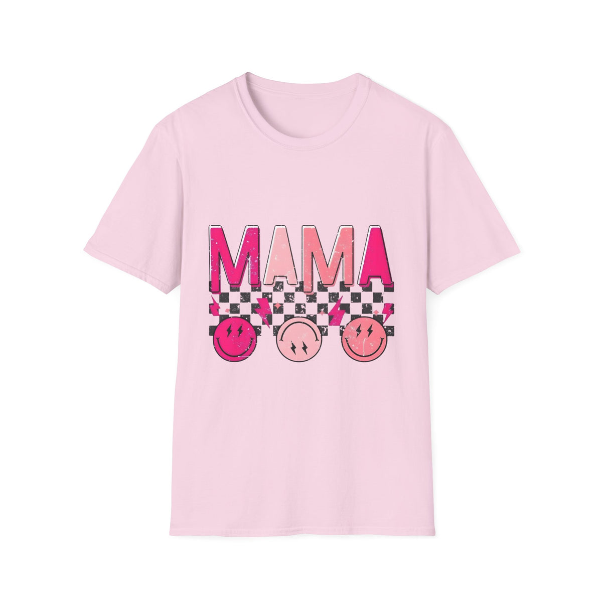 Mama Graphic T-Shirt — Pink Checkerboard Smiley Design