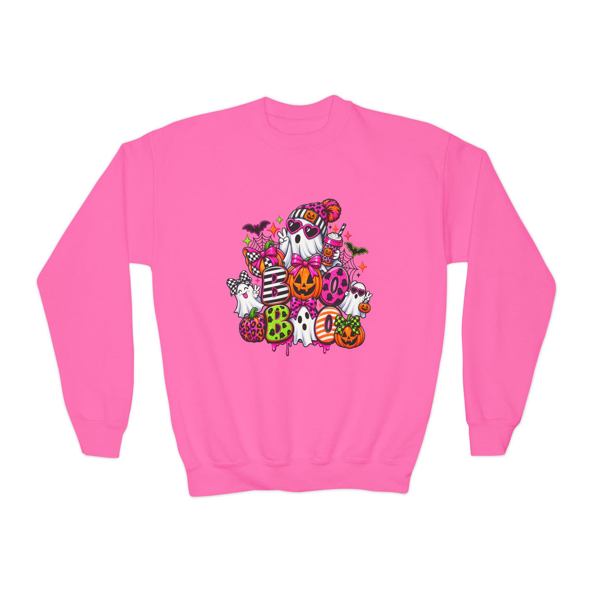 Youth Halloween Crewneck Sweatshirt — Colorful Haunted Pumpkin & Ghost Design