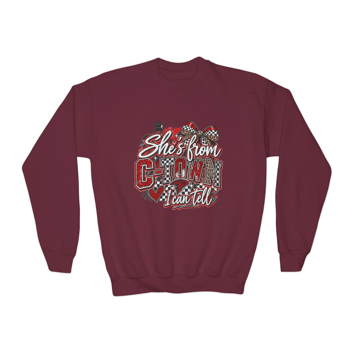Youth Crewneck Sweatshirt - "She's From C-town I Can Tell" Leopard Plaid Graphic