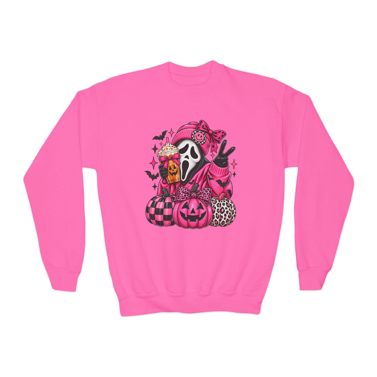 Youth Halloween Crewneck Sweatshirt - Pink Scream Mask Pumpkin Design