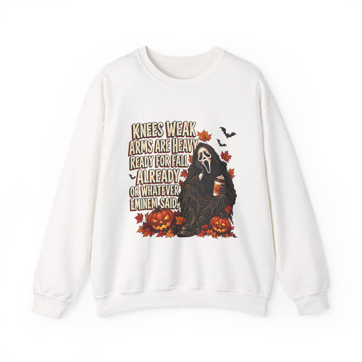 Fall Horror Crewneck Sweatshirt — “Knees Weak Arms Are Heavy Ready For Fall” Halloween Graphic