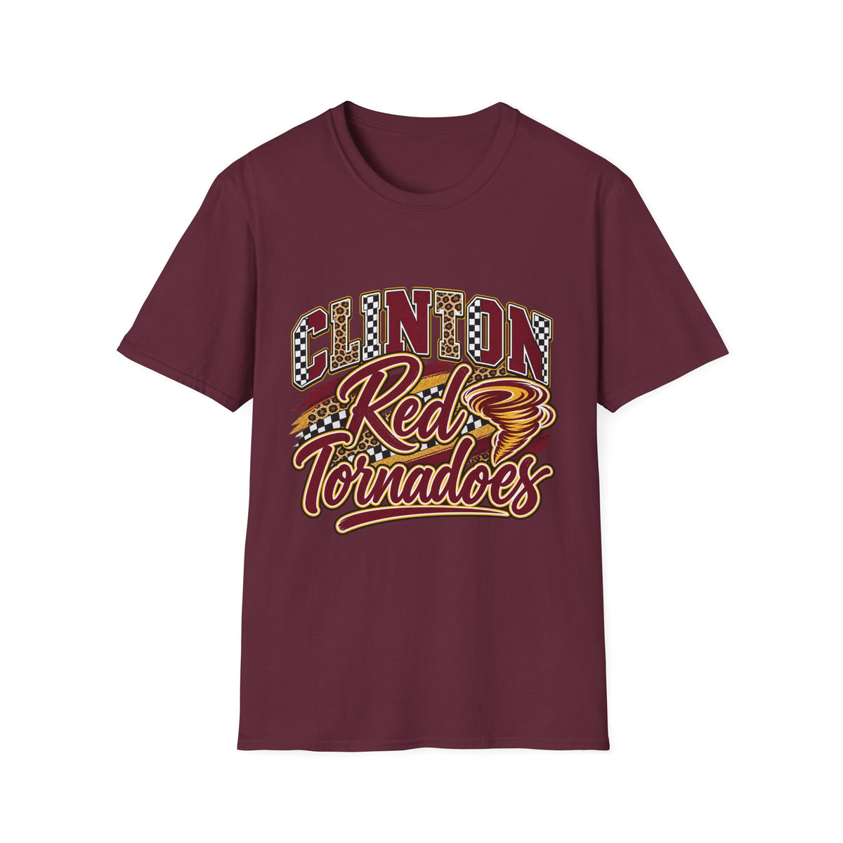 Clinton Reds Tornadoes Graphic T-Shirt — Leopard & Checker Retro School Spirit Tee