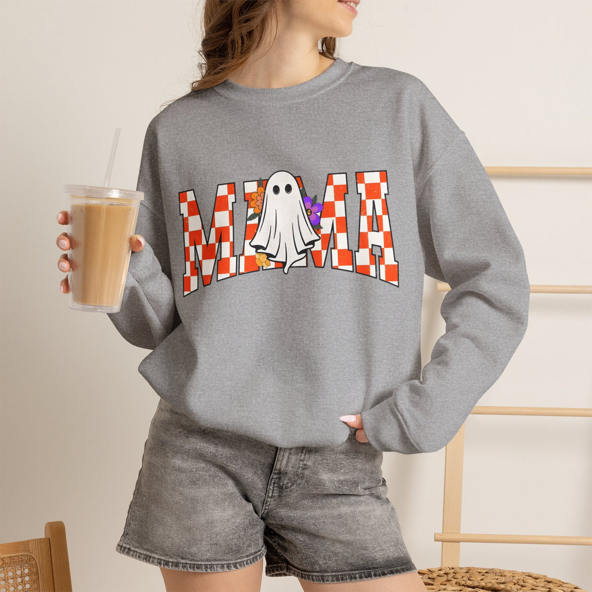 Mama Ghost Checkerboard Crewneck Sweatshirt — Cute Halloween Mom Pullover