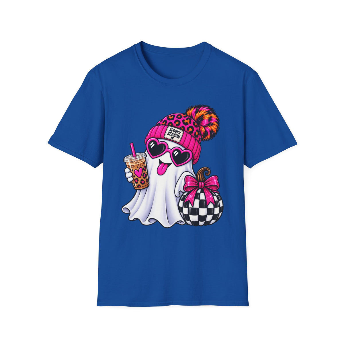 Spooky Season Ghost Tee — Cute Pink Beanie & Boba Halloween T-Shirt