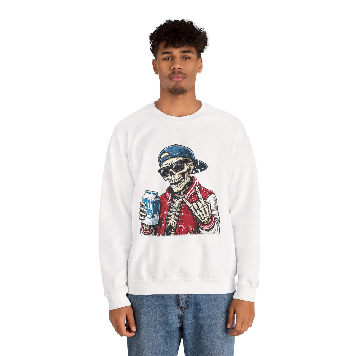 Skull Milk Crewneck Sweatshirt — Retro Skateboarding Skeleton Design