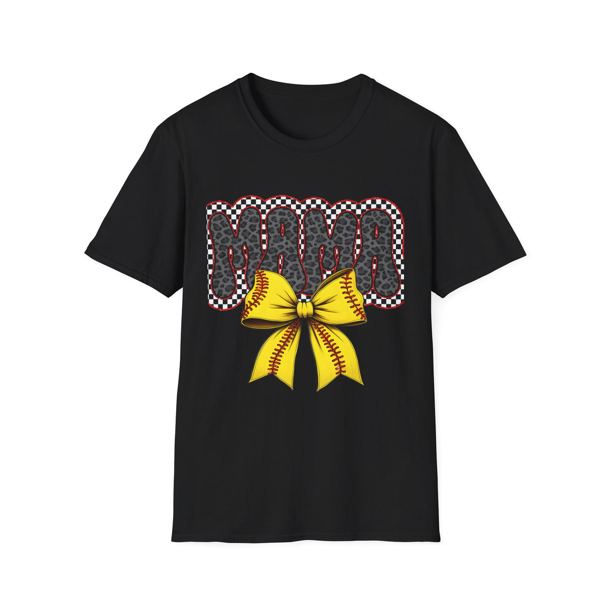 Mama Softball Tee — 'MAMA' Leopard Print with Yellow Stitch Bow