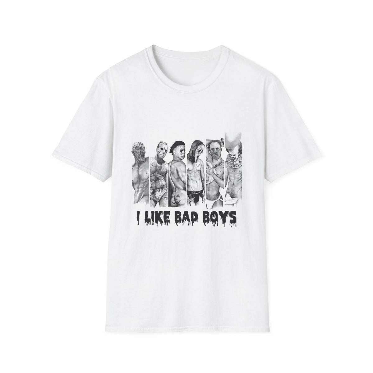 T-Shirt — 'I Like Bad Boys' Graphic Tee with Edgy Male Portrait Lineup