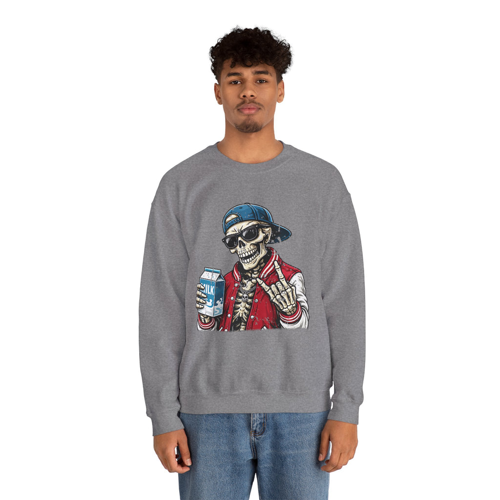 Skull Milk Crewneck Sweatshirt — Retro Skateboarding Skeleton Design