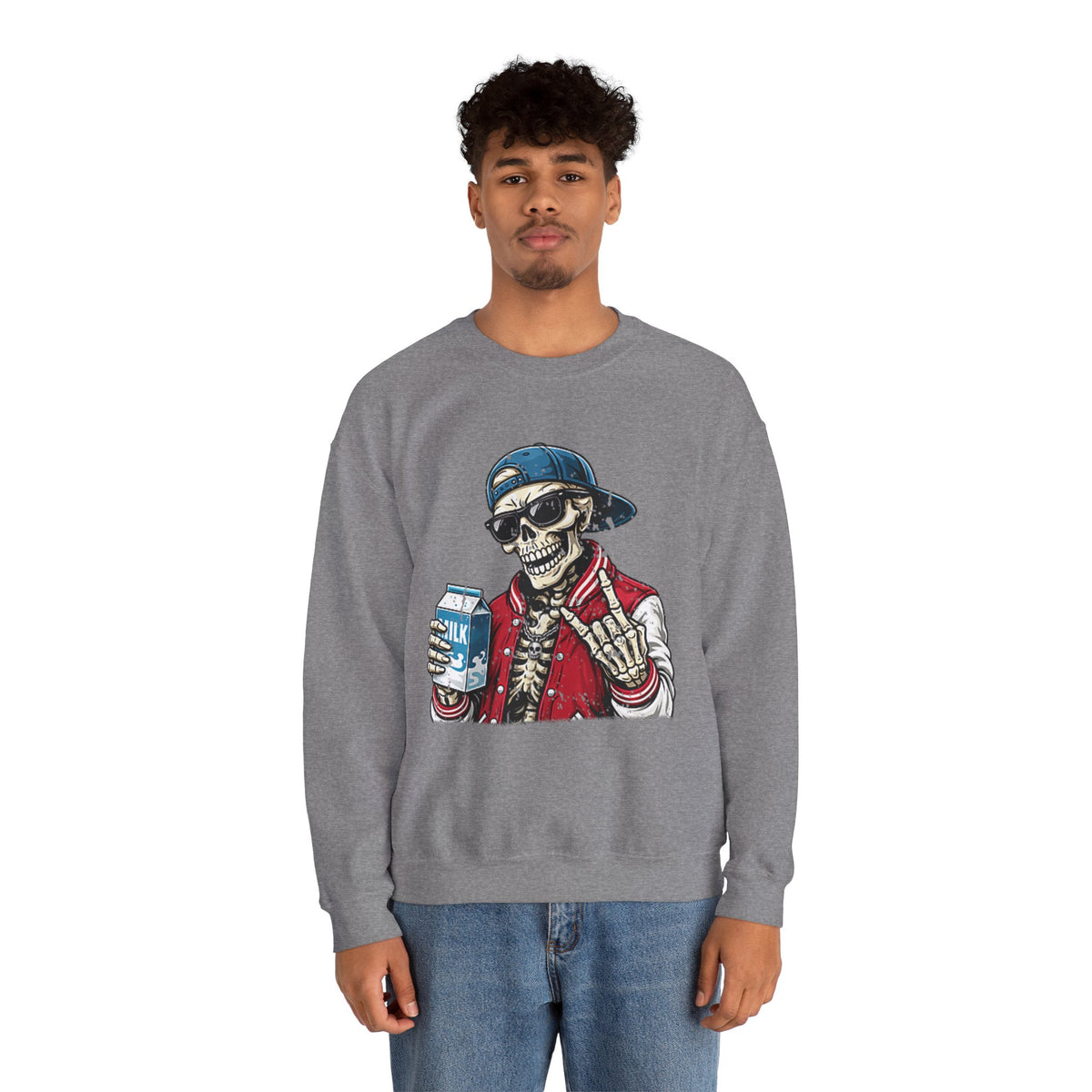 Skull Milk Crewneck Sweatshirt — Retro Skateboarding Skeleton Design