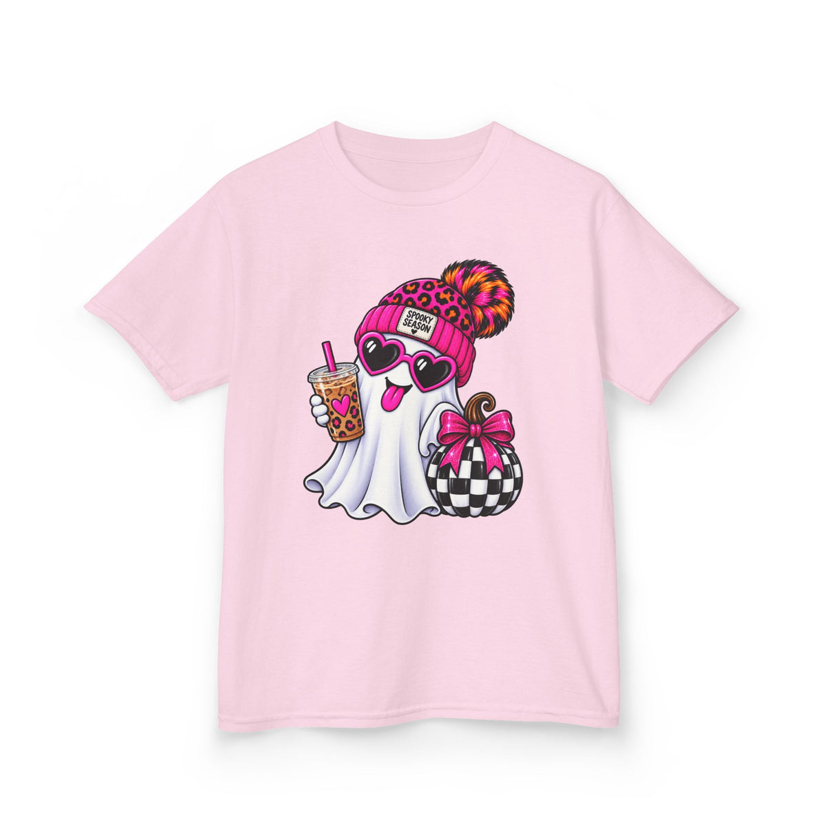 Kids Tee — Cute Halloween Ghost with Leopard Beanie, Boba & Gift