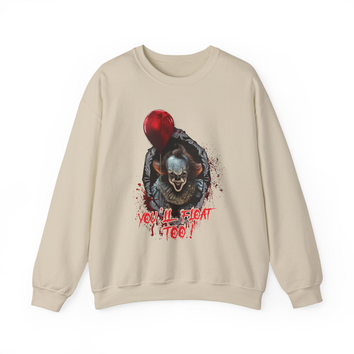 Horror Clown Crewneck Sweatshirt — "You'll Float Too" Graphic